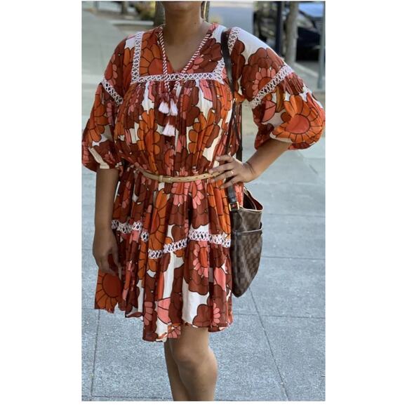 DODO BAR OR Nell Burnt Orange White Floral Lace Cutout Oversized Dress Size S - Picture 3 of 14